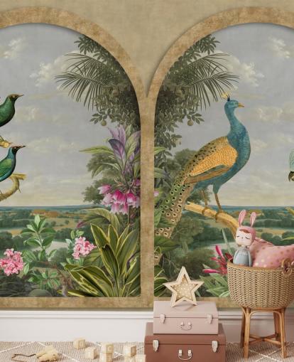 illustrated tropical birds by a window in paradise wallpaper