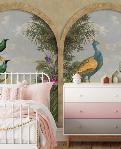 illustrated tropical birds by a window in paradise wallpaper