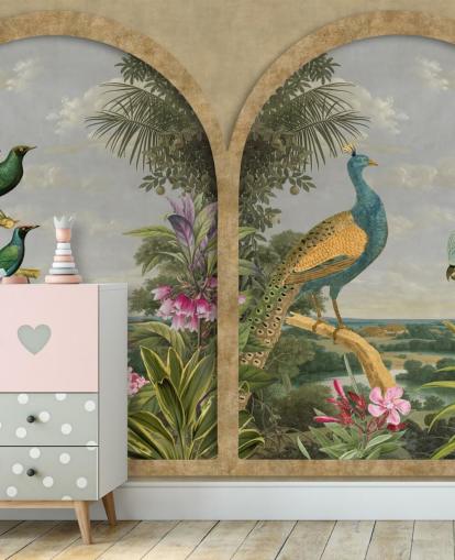 carta da parati illustrata uccelli tropicali da una finestra in paradiso