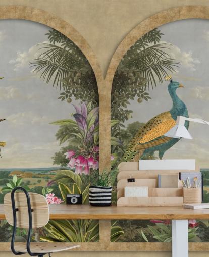 illustrierte tropische Vögel durch ein Fenster im Paradies Tapete