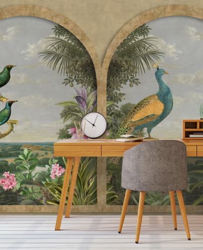 pássaros tropicais ilustrados por uma janela no paraíso papel de parede