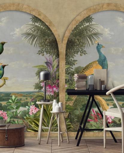 illustrated tropical birds by a window in paradise wallpaper