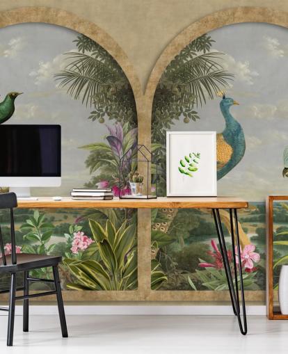 carta da parati illustrata uccelli tropicali da una finestra in paradiso carta da parati illustrata uccelli tropicali da una finestra in paradiso