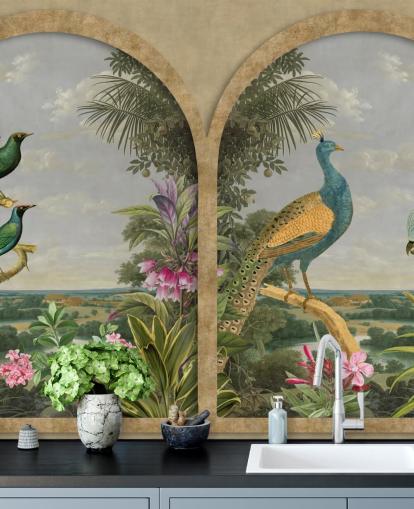 illustrerade tropiska fåglar genom ett fönster i paradiset tapeter illustrerade tropiska fåglar genom ett fönster i paradiset tapeter