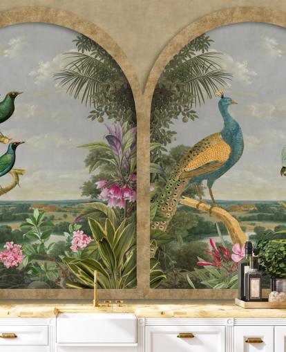 carta da parati illustrata uccelli tropicali da una finestra in paradiso