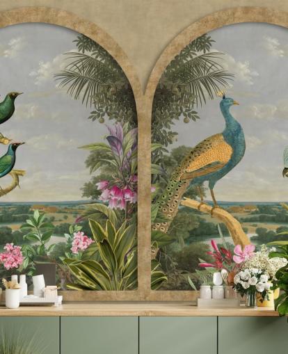 carta da parati illustrata uccelli tropicali da una finestra in paradiso carta da parati illustrata uccelli tropicali da una finestra in paradiso