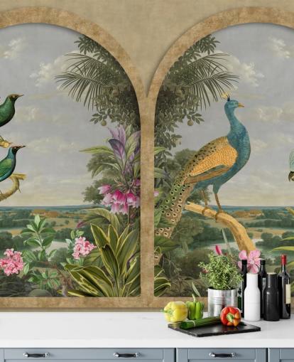 aves tropicales ilustradas junto a una ventana en el paraíso fondo de pantalla
