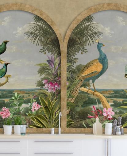 aves tropicales ilustradas junto a una ventana en el paraíso fondo de pantalla