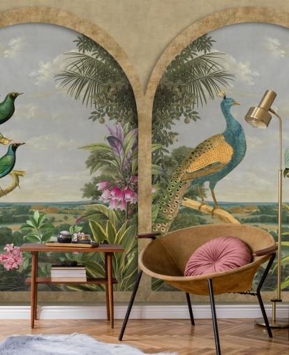 illustrierte tropische Vögel durch ein Fenster im Paradies Tapete