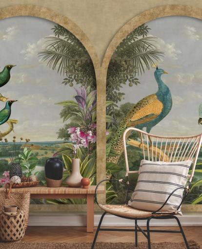 illustrierte tropische Vögel durch ein Fenster im Paradies Tapete