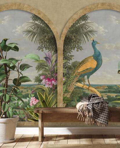 aves tropicales ilustradas junto a una ventana en el paraíso fondo de pantalla