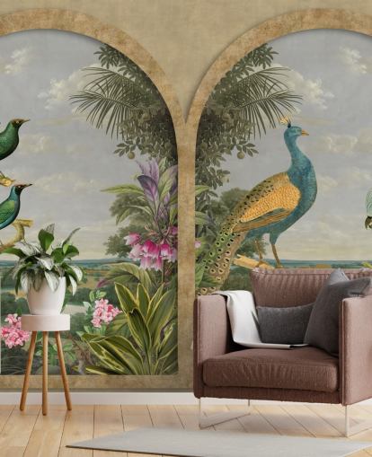 aves tropicales ilustradas junto a una ventana en el paraíso fondo de pantalla