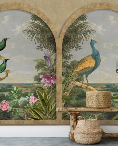 illustrated tropical birds by a window in paradise wallpaper