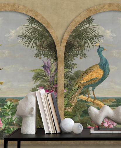 aves tropicales ilustradas junto a una ventana en el paraíso fondo de pantalla