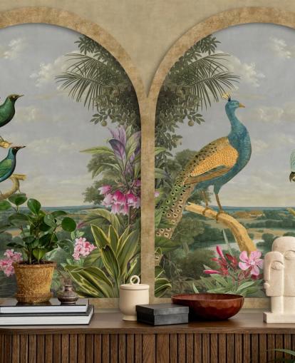 illustrated tropical birds by a window in paradise wallpaper