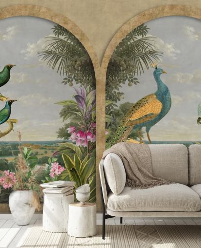 pássaros tropicais ilustrados por uma janela no paraíso papel de parede pássaros tropicais ilustrados por uma janela no paraíso papel de parede