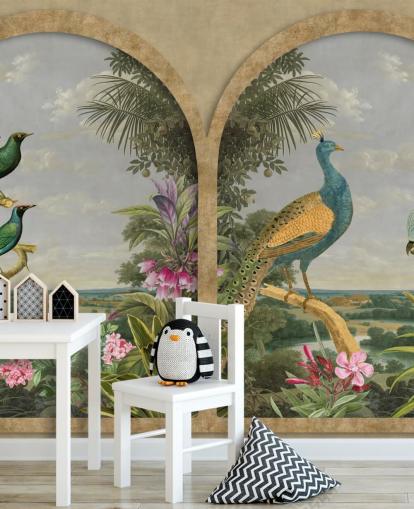 papier peint oiseaux tropicaux illustrés par une fenêtre au paradis