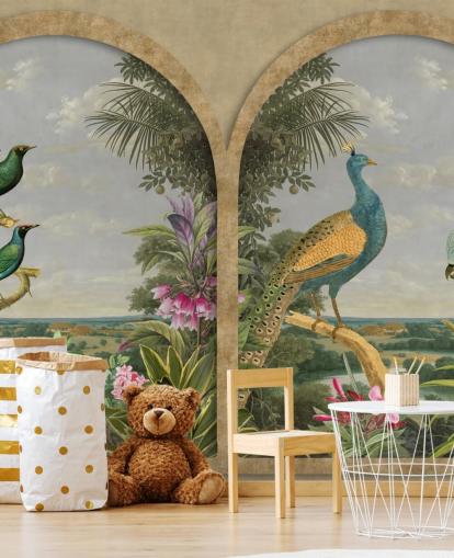 geïllustreerde tropische vogels door een raam in paradijs behang
