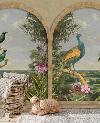 illustrated tropical birds by a window in paradise wallpaper