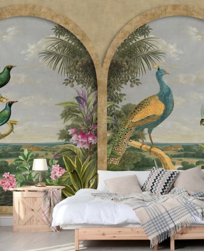 pássaros tropicais ilustrados por uma janela no paraíso papel de parede