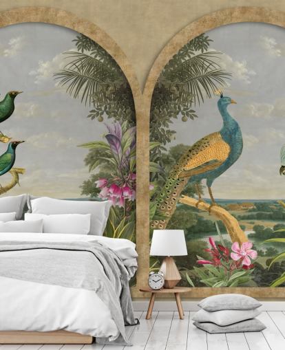 carta da parati illustrata uccelli tropicali da una finestra in paradiso