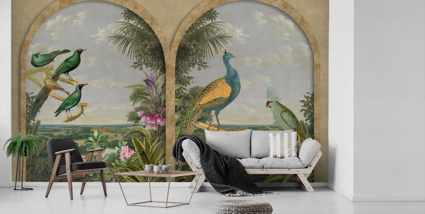 illustrated tropical birds by a window in paradise wallpaper