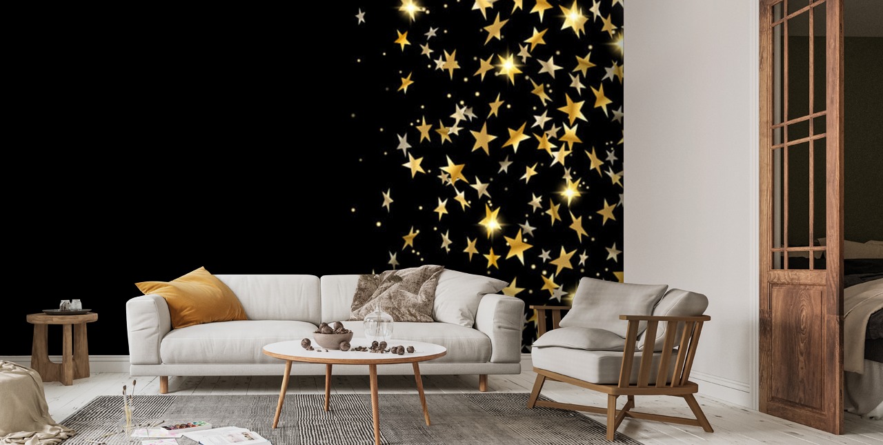Gold stars falling confetti isolated on black background. Golden ...
