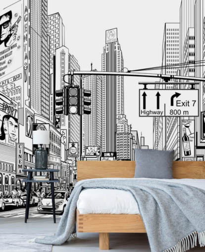 mustavalkoinen New Yorkin taustakuvamaalaus nimeltä Street New Yorkissa olohuoneisiin, makuuhuoneisiin ja keittiöihin