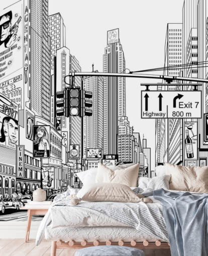 zwart-witte muurschildering in New York City genaamd Street in New York City voor woonkamers, slaapkamers en keukens