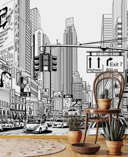 mural de papel pintado en blanco y negro de la ciudad de Nueva York llamado Street in New York City para salas de estar, dormitorios y cocinas