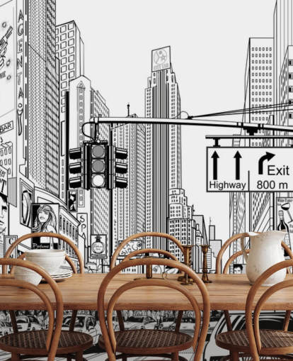 svartvitt new york city tapetväggmålning som heter Street i New York City för vardagsrum, sovrum och kök