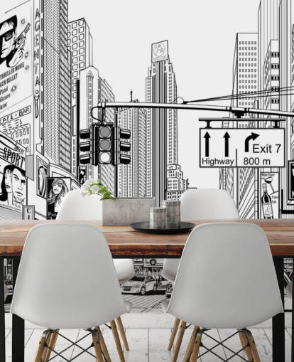 black and white new york city wallpaper mural called Street in New York City for living rooms, bedrooms and kitchens