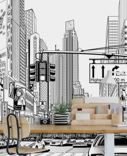 mustavalkoinen New Yorkin taustakuvamaalaus nimeltä Street New Yorkissa olohuoneisiin, makuuhuoneisiin ja keittiöihin