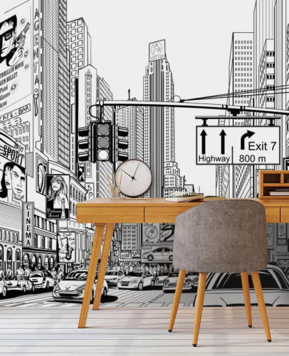 black and white new york city wallpaper mural called Street in New York City for living rooms, bedrooms and kitchens