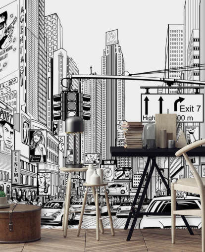 black and white line art of new york wallpaper