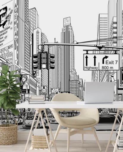 mural de papel pintado en blanco y negro de la ciudad de Nueva York llamado Street in New York City para salas de estar, dormitorios y cocinas