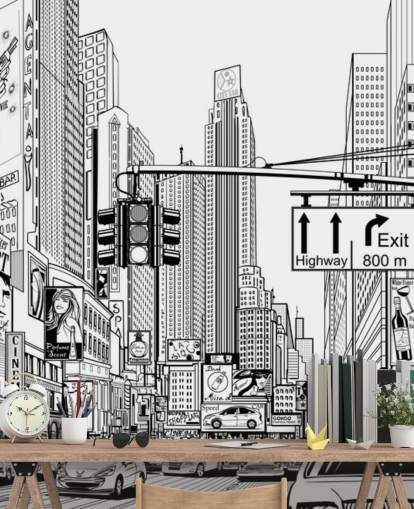 svartvitt new york city tapetväggmålning som heter Street i New York City för vardagsrum, sovrum och kök