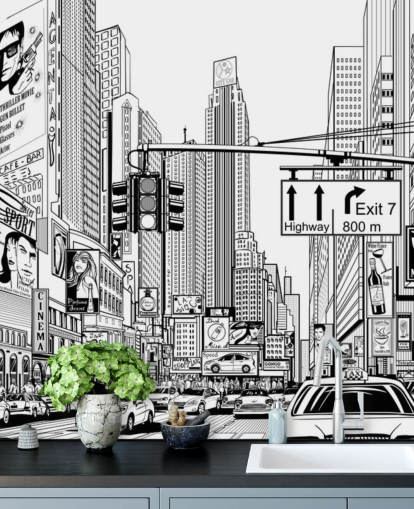 sort og hvid new york city tapetmaleri kaldet Street i New York City til stuer, soveværelser og køkkener