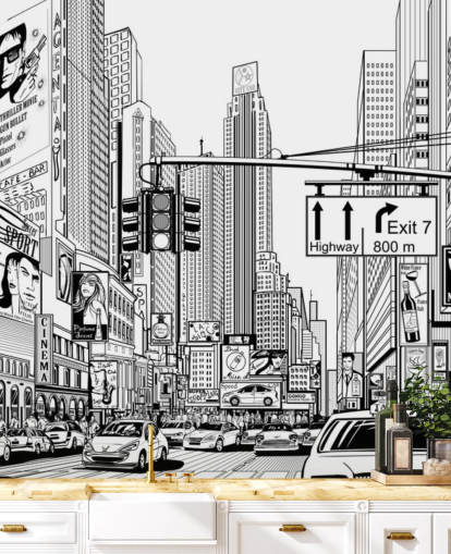 svartvitt new york city tapetväggmålning som heter Street i New York City för vardagsrum, sovrum och kök
