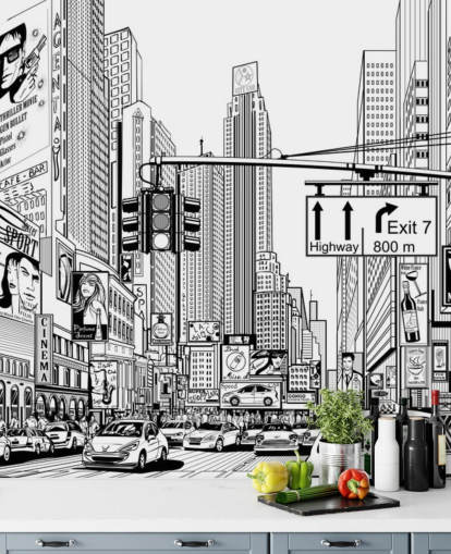 svart og hvitt new york city tapetmaleri kalt Street i New York City for stuer, soverom og kjøkken svart og hvitt new york city tapetmaleri kalt Street i New York City for stuer, soverom og kjøkken