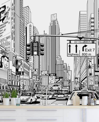 black and white new york city wallpaper mural called Street in New York City for living rooms, bedrooms and kitchens