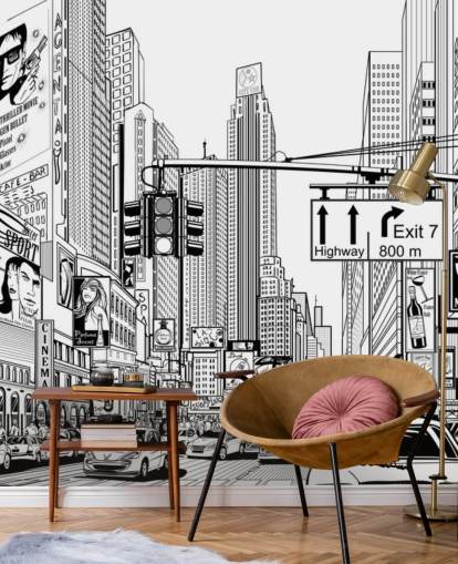 black and white new york city wallpaper mural called Street in New York City for living rooms, bedrooms and kitchens