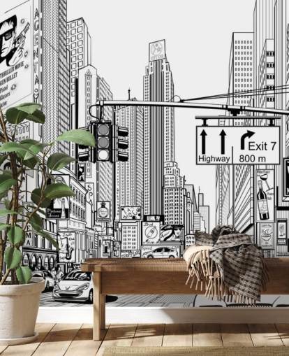 zwart-witte muurschildering in New York City genaamd Street in New York City voor woonkamers, slaapkamers en keukens zwart-witte muurschildering in New York City genaamd Street in New York City voor woonkamers, slaapkamers en keukens