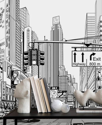 mural de papel pintado en blanco y negro de la ciudad de Nueva York llamado Street in New York City para salas de estar, dormitorios y cocinas