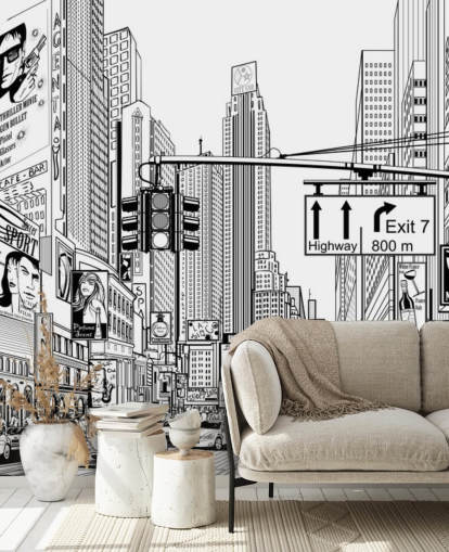 black and white new york city wallpaper mural called Street in New York City for living rooms, bedrooms and kitchens