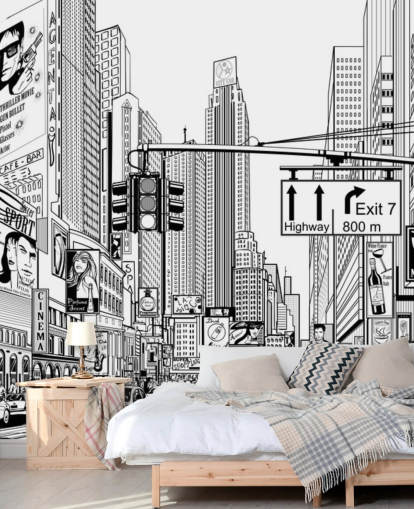 mural de papel pintado en blanco y negro de la ciudad de Nueva York llamado Street in New York City para salas de estar, dormitorios y cocinas
