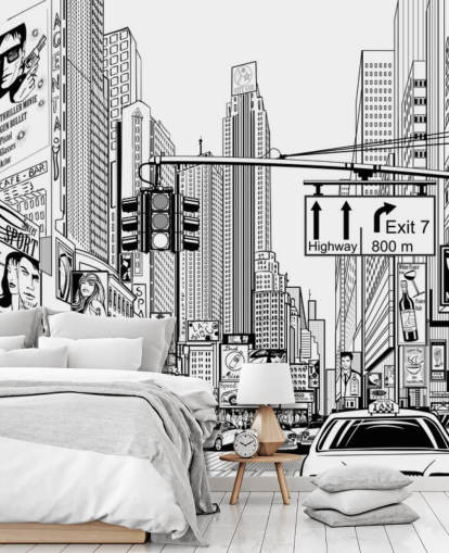 zwart-witte muurschildering in New York City genaamd Street in New York City voor woonkamers, slaapkamers en keukens zwart-witte muurschildering in New York City genaamd Street in New York City voor woonkamers, slaapkamers en keukens
