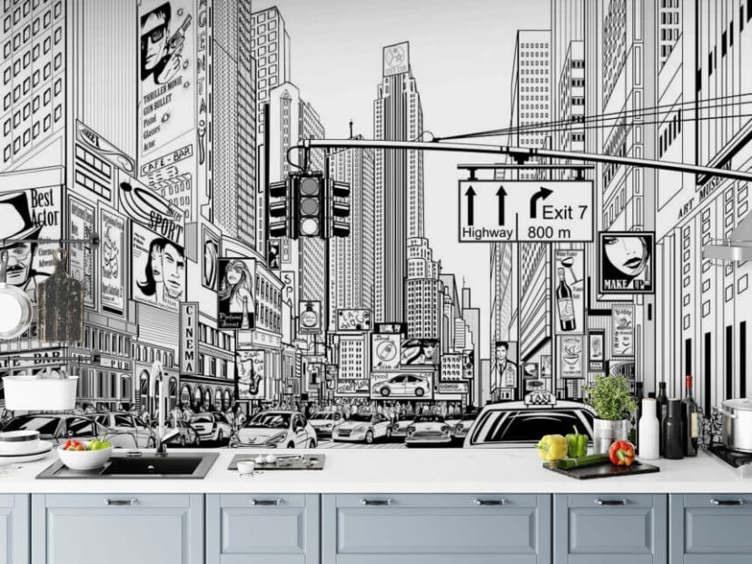 mural de papel pintado en blanco y negro de la ciudad de Nueva York llamado Street in New York City para salas de estar, dormitorios y cocinas