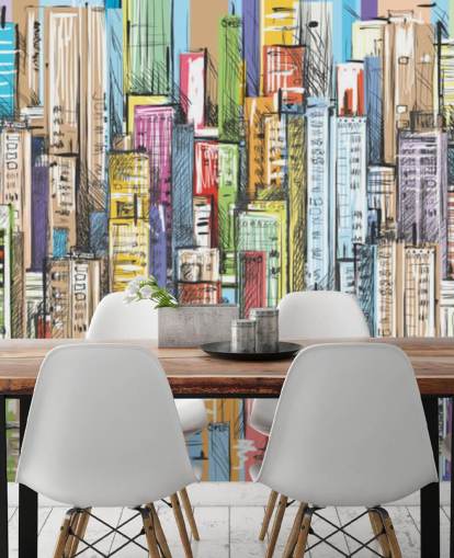 illustrated colourful city blocks wallpaper