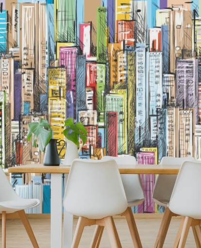 illustrated colourful city blocks wallpaper